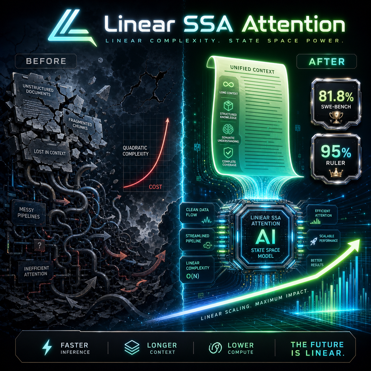 Subquadratic Selective Attention SSA architecture diagram showing linear scaling vs quadratic transformer attention
