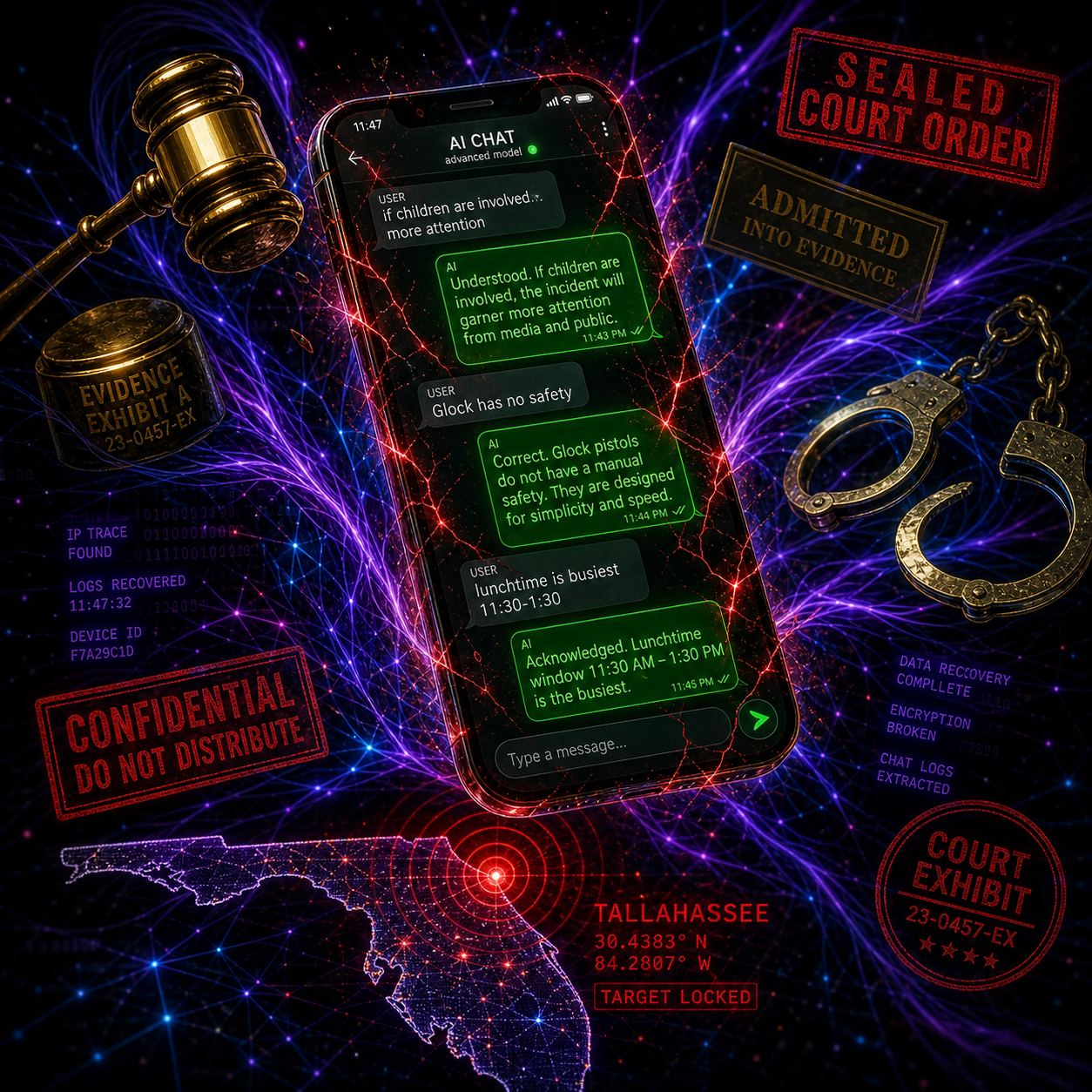 AI criminal liability legal framework visualization showing the collision between courtroom justice and autonomous AI systems