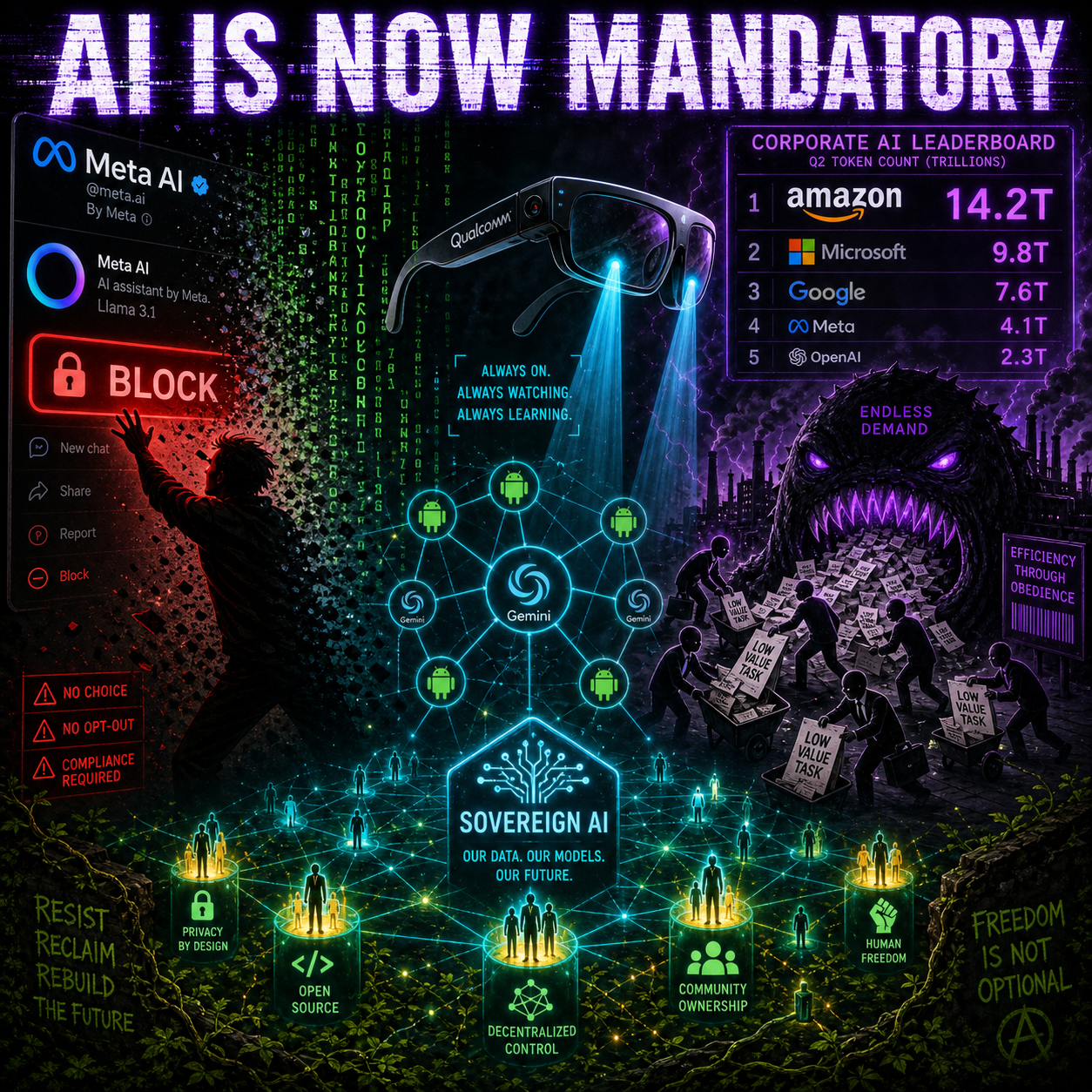 Visualization of forced AI adoption across Big Tech - Meta, Amazon, Google, and Qualcomm embedding AI into platforms users cannot escape