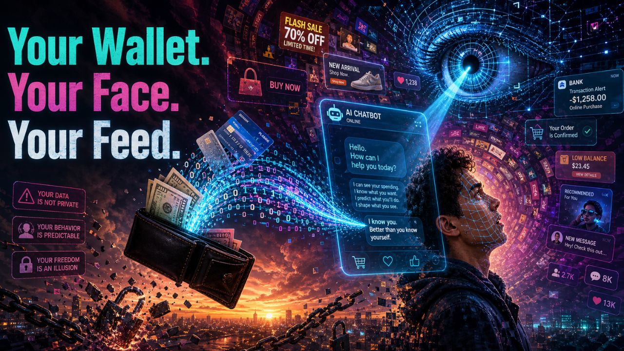 AI surveillance convergence - wallet, face, and feed being quietly absorbed into AI platforms