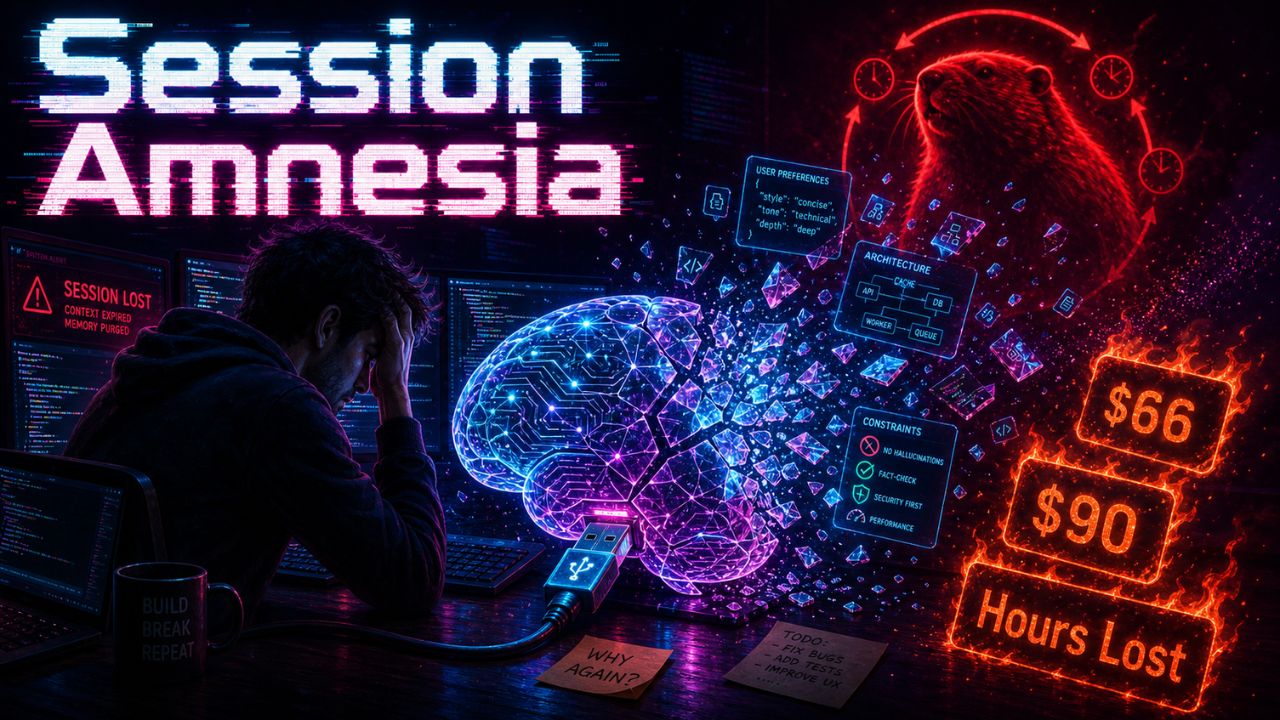 Session amnesia in AI coding assistants - digital brain with memory progress bar stuck at zero percent