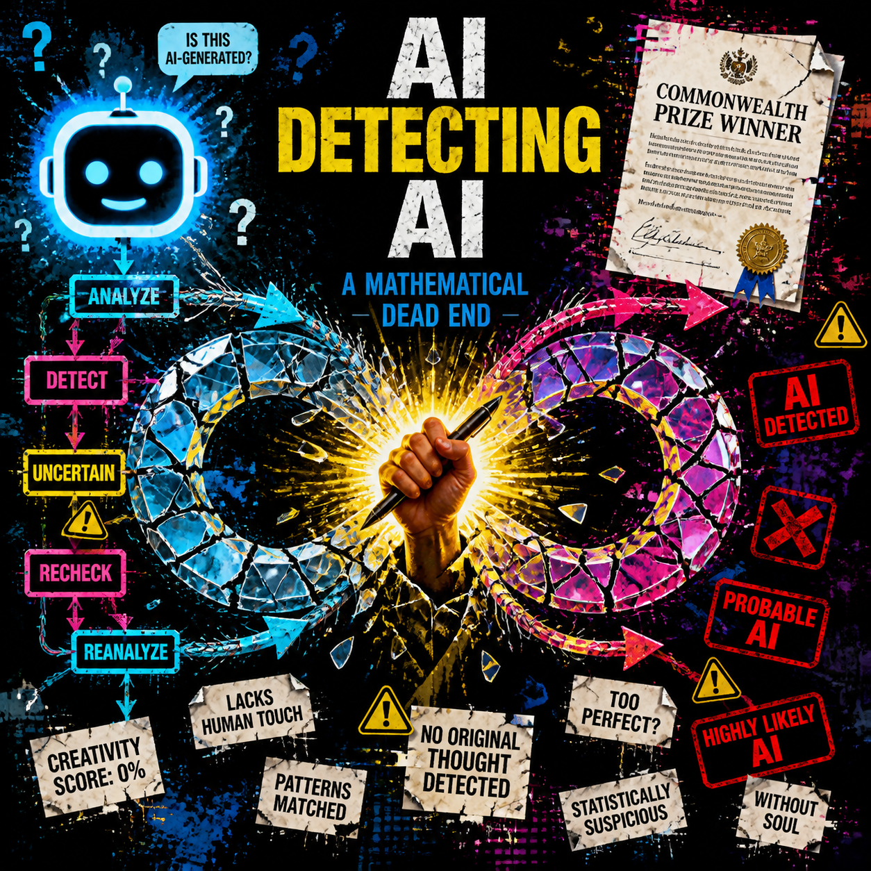 AI detection paradox - two AI systems mirroring each other, neither able to identify the other