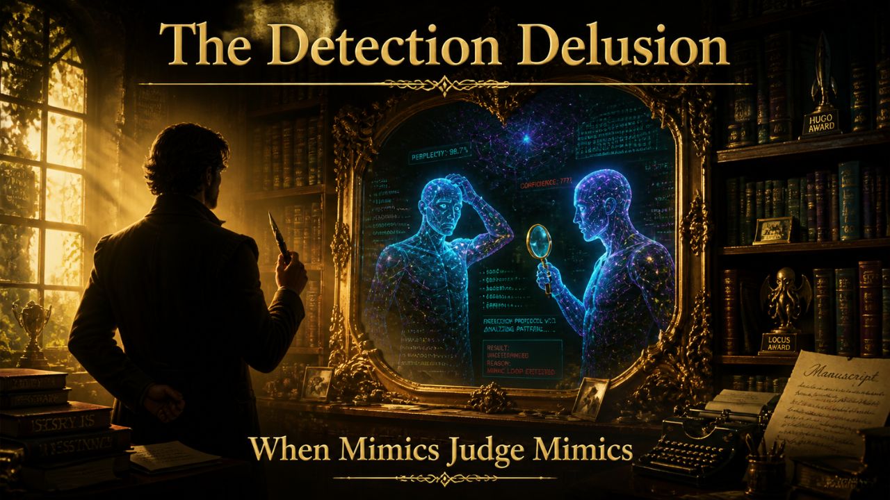The Detection Delusion - AI detection mathematical impossibility illustrated with two mirrors reflecting each other infinitely