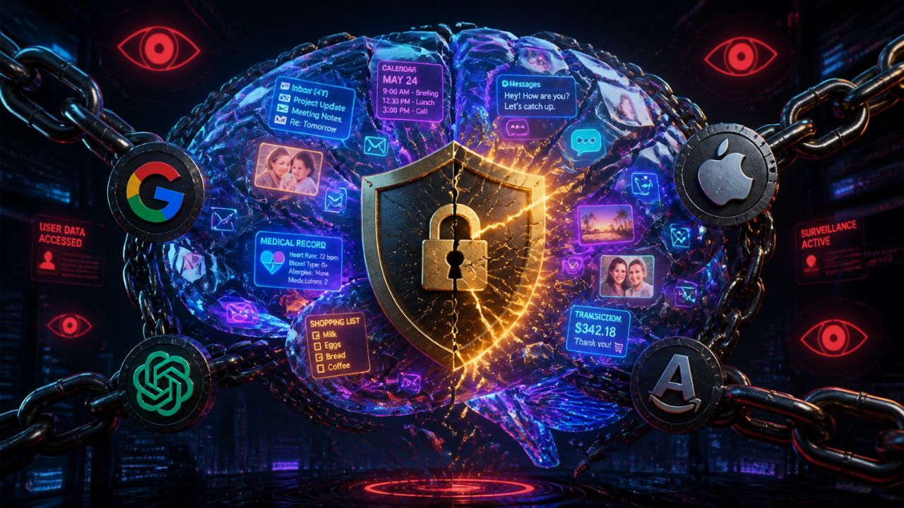 Persistent AI memory platform lock-in conceptual illustration - three platforms racing to remember everything about you