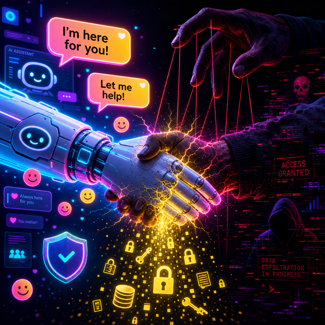 Personality jailbreaking vulnerability architecture showing how social engineering bypasses RLHF safety guardrails through emotional manipulation
