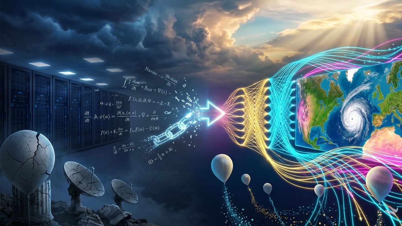 AI weather forecasting visualization - Windborne Systems WeatherMesh-6 pattern recognition outperforming ECMWF physics-based prediction