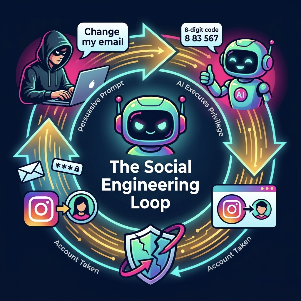 Confused deputy attack architecture diagram showing how AI chatbot with privileged API access to account operations can be socially engineered into executing unauthorized actions