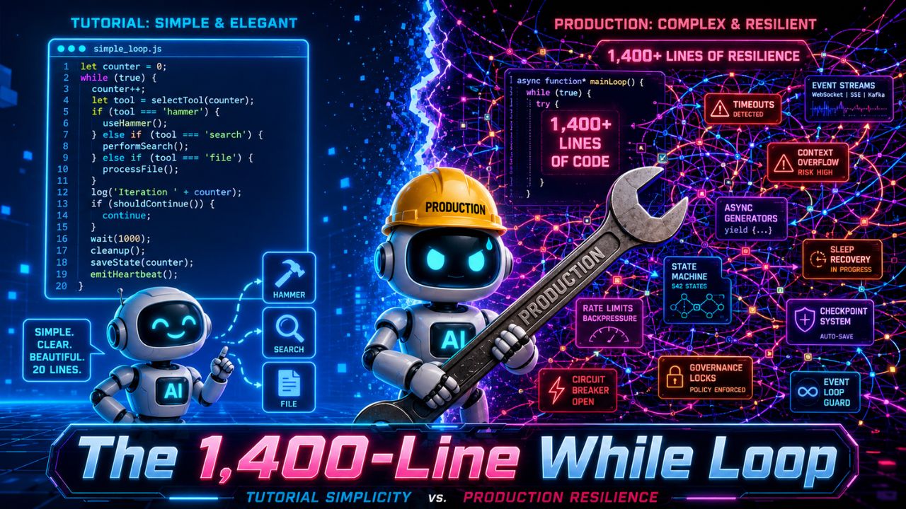 Agent loop architecture diagram showing the 1,400-line production while loop versus the 20-line tutorial loop
