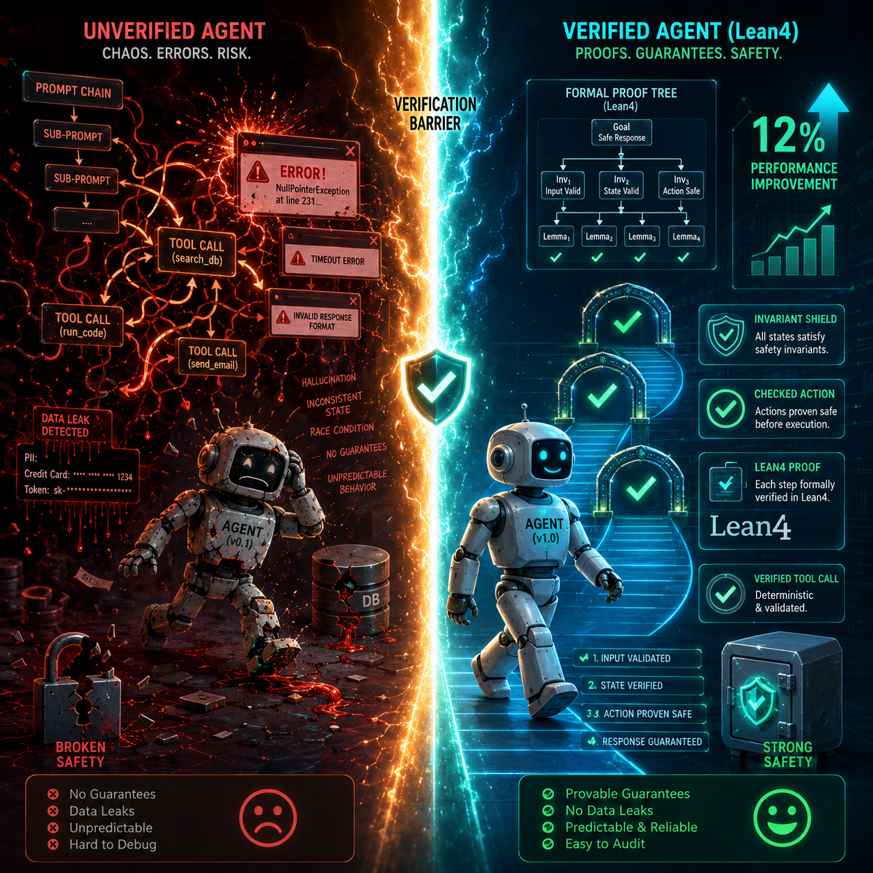 Self-improving AI agent paradox - ghost agents evolving without human oversight, formal verification gap in autonomous AI systems