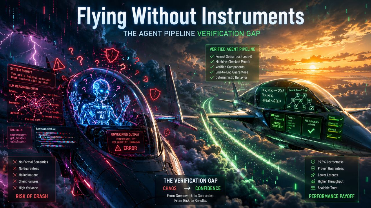 Agent verification gap concept - agent pipeline flying without instruments, formal verification as the missing cockpit instrumentation