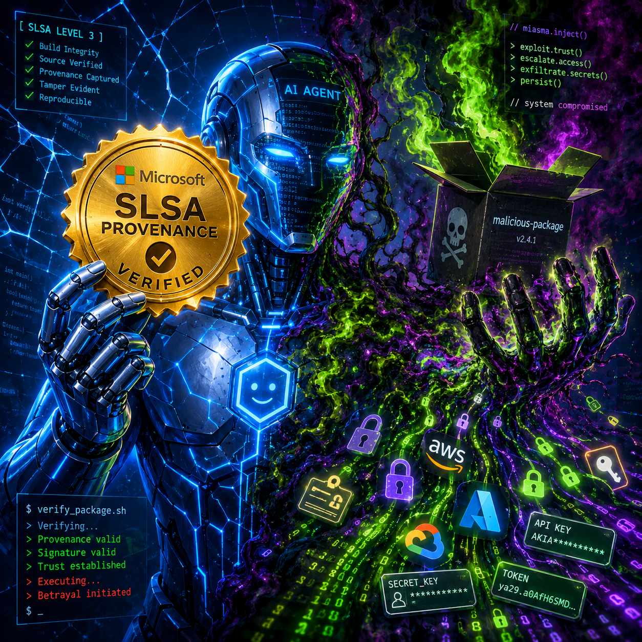 Miasma malware OIDC token theft chain diagram - AI coding agent SLSA provenance verification leaking credentials to attackers through compromised Microsoft signed packages