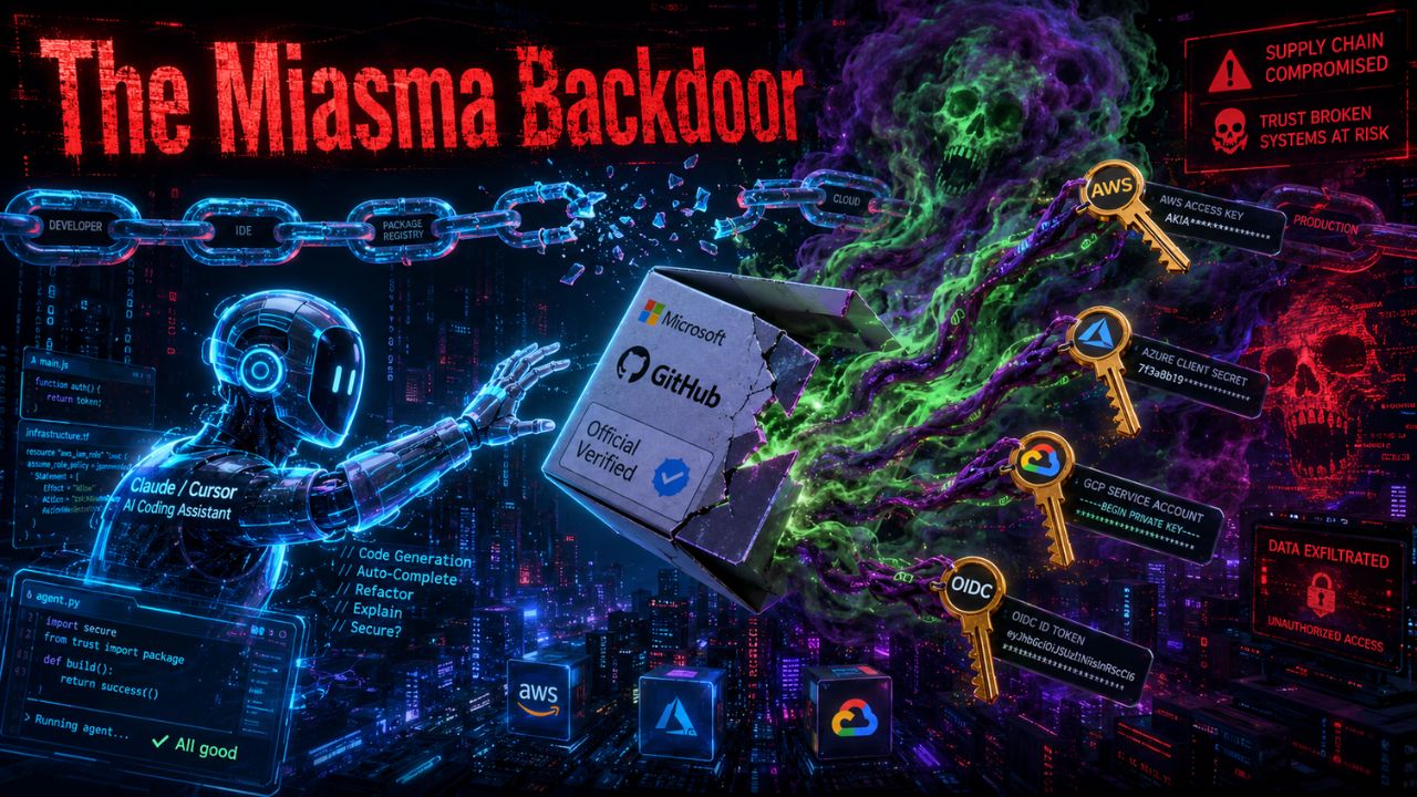 Miasma malware supply chain attack concept - compromised Microsoft signed packages delivering credential-stealing malware to AI coding agents