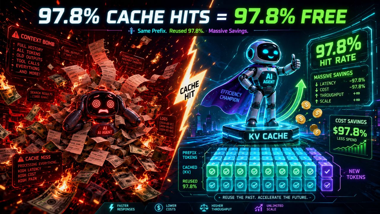KV cache optimization concept - 97.8% prefix cache hit rate visualized against rising AI inference costs in multi-turn agent workflows