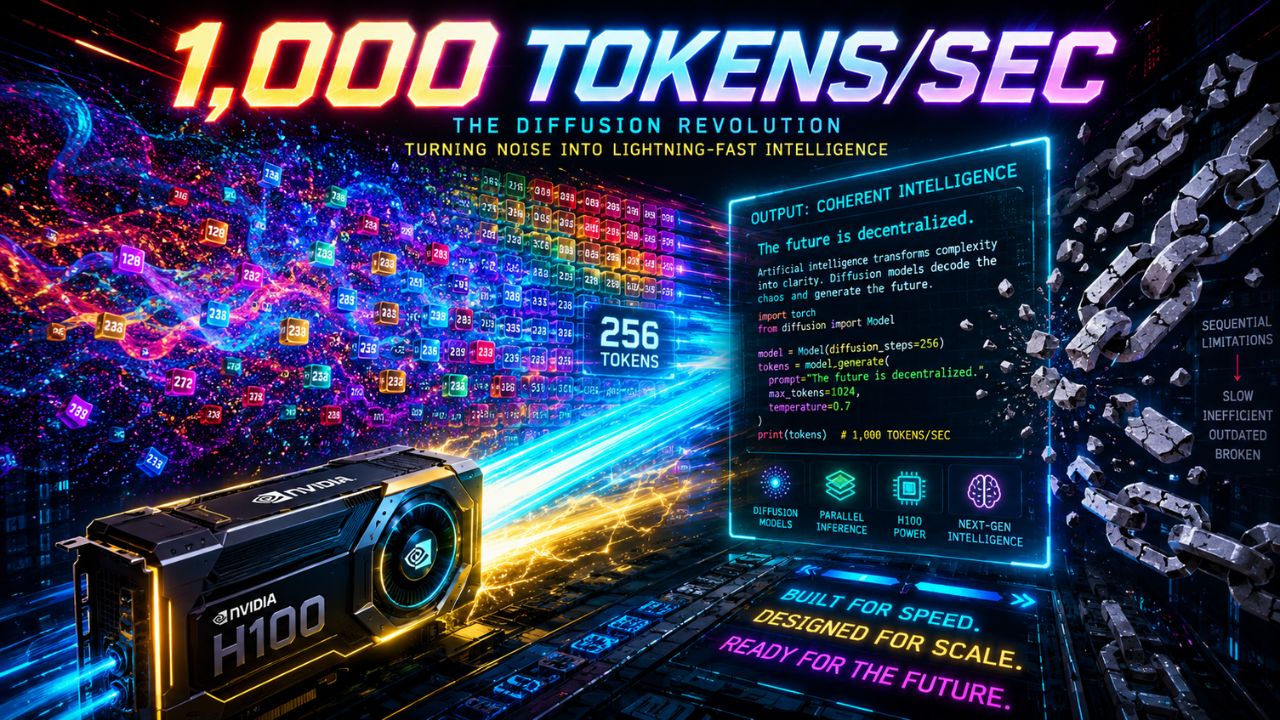 Diffusion language model architecture showing parallel text generation at 1,000 tokens per second on a single H100 GPU