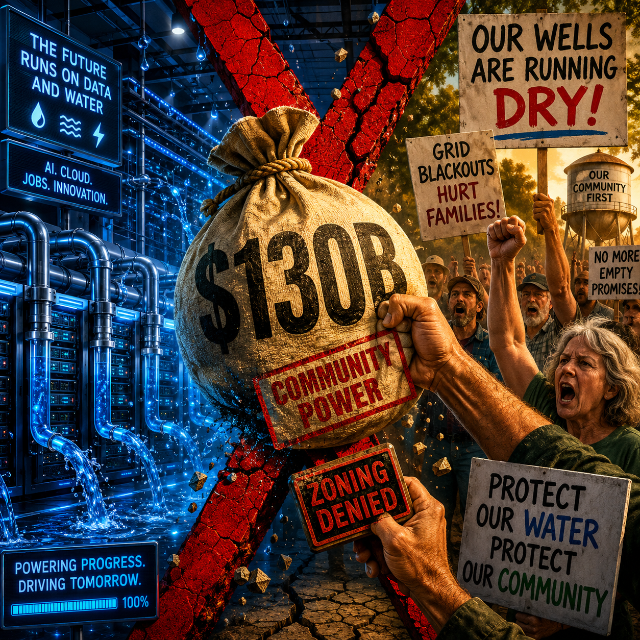 Data center infrastructure protest map showing community opposition groups across the United States