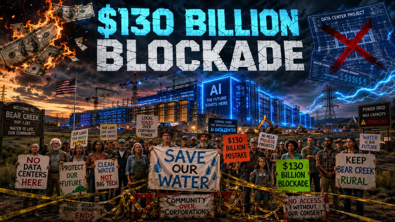 Data center protest signs and community opposition to AI infrastructure construction