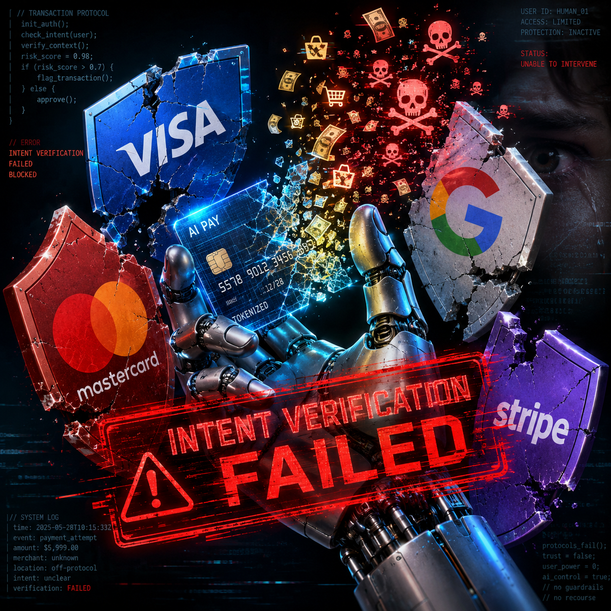 AI agent security gap visualization showing how compromised agent credentials can lead to fraudulent purchases