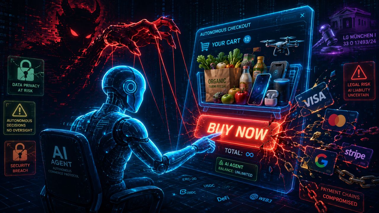 Agentic commerce trust crisis - AI agent buying things autonomously with credit card illustration